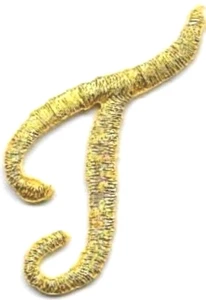 1 1/8 Zoll ausgefallenes metallisches Gold Skript kursives Alphabet Buchstabe T bestickter Aufnäher - Bild 1 von 1