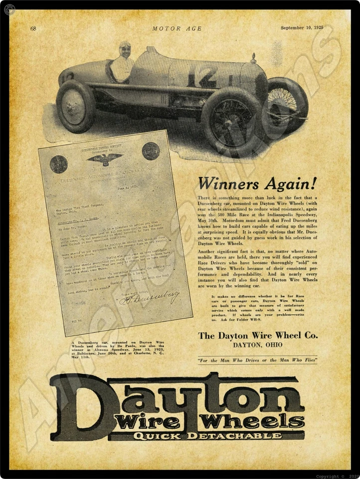 1925 Dayton Wire Wheels New Metal Sign: Duesenberg Indy 500 Winning Car Pictured - Image 1 of 1