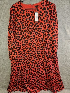Ann Taylor Dress Womens 10 Red Cheetah Print Pleated Long Sleeve Lined NEW - Picture 1 of 13