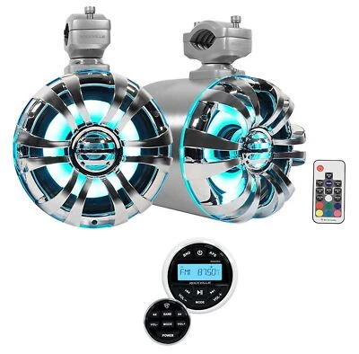 (2) Rockville WB65KLED 6.5" LED Marine Wakeboard Swivel Tower Speakers+Receiver - Image 1 of 4