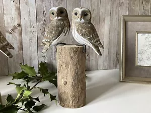 Owl Figurine Ornament Painted Bird Wood Log Tree Stump Hand Carved Wooden Statue - Picture 1 of 10