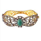 925 Sterling Silver Bracelet Studded with Natural Emerald&Pave Polki Diamond