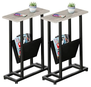 Narrow Side Table Set of 2 Skinny End Table with Magazine Holder Thin Bedside... - Picture 1 of 9