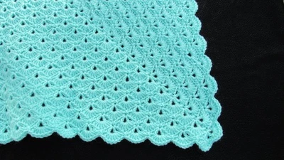 Crocheted Handmade New Beautiful Shells Solid Green Newborn Baby Boy Afghan - Image 1 of 4