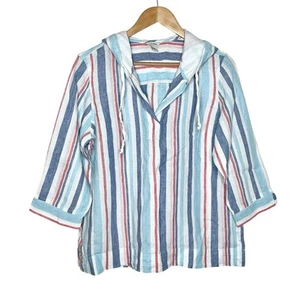 LL Bean Linen Striped Hooded Top Womens M Coastal Nautical Beach Resort Vacation - Picture 1 of 5
