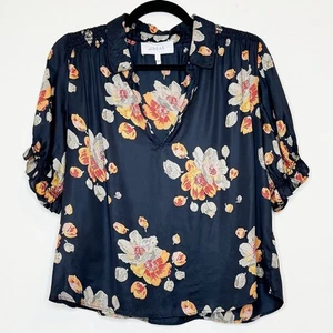 THE GREAT Floral Blouse Size 1 Black Collar Puff Short Sleeves - Picture 1 of 11
