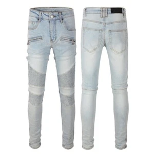 Men’s Punk Knee Wrinkle Slim Fit Stretch Classic Denim Wathet Blue Moto Jeans - Picture 1 of 12
