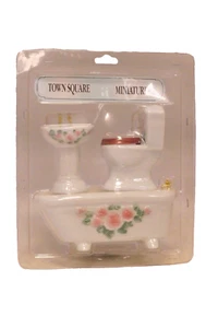 Dollhouse Miniature Bathroom Set Tub Toilet Sink White & Floral 1:12 Scale NEW - Picture 1 of 3