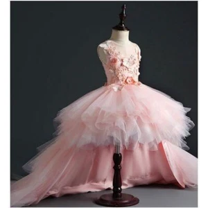 Girl Wedding Party Flower Dresses Pink Tulle Trailing Princess Gown Beaded Gown - Picture 1 of 21