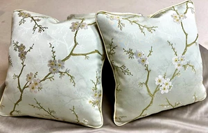 Set of 2 decorative pillows 12 x 12, Cherry Blossoms On Pale Celadon Brocade - Picture 1 of 10