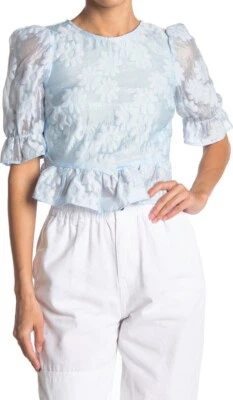Top manga abullonada floral texturizada TOPSHOP ASOS semi transparente azul bebé talla 8 UK 12 M Foto 1 de 4