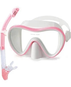WATER TIME Snorkel Set Dry Top Snorkel Mask, (Pink/white) - Picture 1 of 6