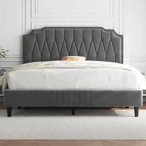 Queen Bed Frame Velvet Upholstered Platform Bed with Curved Headboard, Height-Ad - Picture 1 of 9