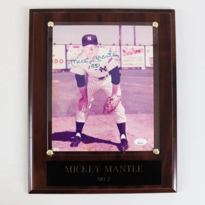 Mickey Mantle Signed Photo 8x10 Inscribed "1951" Plaque Yankees - COA JSA - Image 1 of 4
