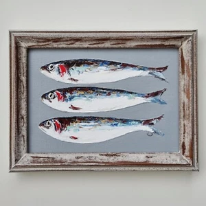 Original Oil Painting Still Life Artwork Fish Sardines Food Kitchen Art Framed - Picture 1 of 6
