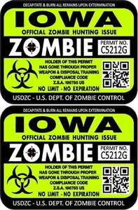 ProSticker 1225 (Two) 3"x 4" Iowa Zombie Hunting License Decals Stickers - Picture 1 of 1