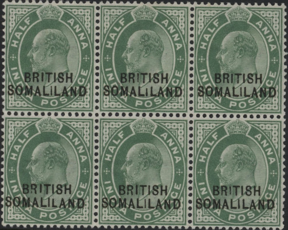 British Somaliland 1/2a green OP stamp block of 6 SG 25 mint - Image 1 of 1