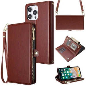 For iPhone 12/12 Pro Case Wristlet Wallet with Long/Short Strap + Tempered Glass - Picture 1 of 4
