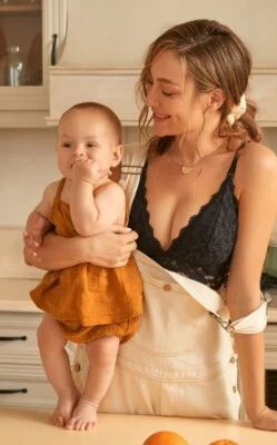 NWT MOMANDA Lace Nursing Bra Wirefree Maternity Bralette 36 38D Black Plunge - Image 1 of 4