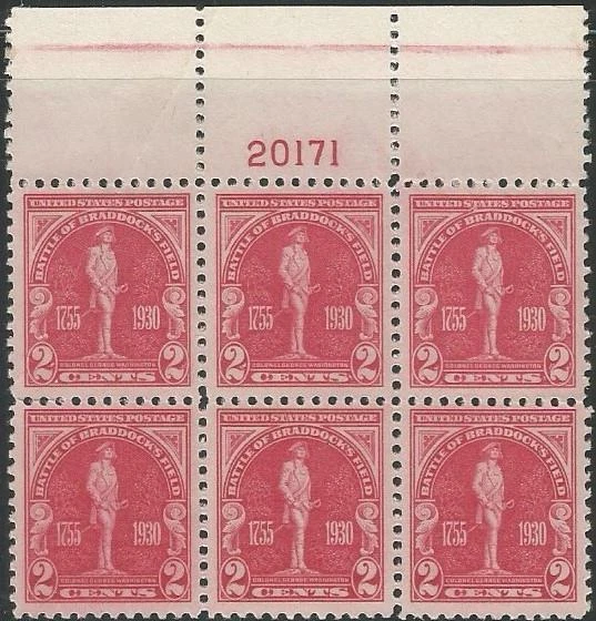 Plate Block of 6 stamps - Scott 688 - 2 cent - Braddocks Field - 1930 - MNH - Image 1 of 1