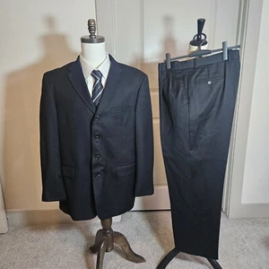 Linea Uomo 2PCs Suit Blazer Men 43R Pants 38x30 100% Wool Black - Picture 1 of 24
