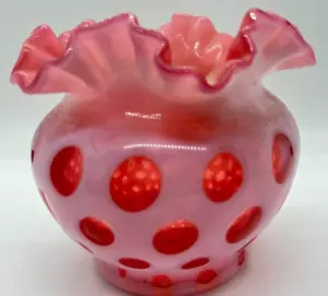 Fenton Pink Cranberry Glass Coin Dot Ruffle Flower Vase Bowl 5" VTG Fixed Read - Picture 1 of 6