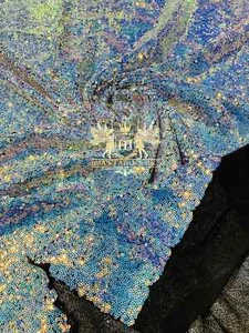 Mini Glitz Sequins - Aqua on Black Mini Sequins 4 Way Stretch Mesh By Yard - Picture 1 of 2