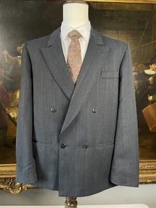 VTG Oxbridge 50 | 40R Made in England Gray Stripe Double Breasted Peak Blazer - Picture 1 of 11