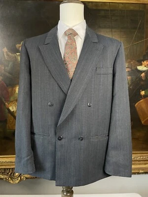 VTG Oxbridge 50 | 40R Made in England Gray Stripe Double Breasted Peak Blazer - Image 1 of 4