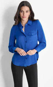 Dkny Women Long Sleeve Button Front Blouse Lapis Blue Size S - Picture 1 of 4