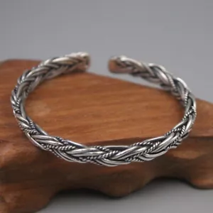 Brazalete fino de plata pura 999 8 mm torcido hecho a mano brazalete de brazalete vintage 2,2-2,4 pulgadas - Imagen 1 de 6