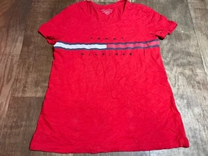 Tommy Hilfiger Shirt Womens Small Red Short Sleeve Spell Out Embordered Logo - Picture 1 of 4