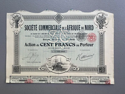 Bono certificado de acciones Société Commerciale De L'Afrique Du Nord 1925 ~ Túnez Foto 1 de 4