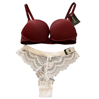 Sujetador push up Frederick's of Hollywood 32D granate cristal escote + braguita de encaje Foto 1 de 4