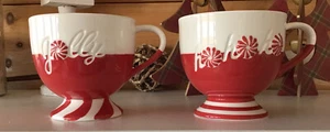 Starbucks 2007 Holiday 3D JOLLY & HO HO HO Peppermint Candy Mugs Cups Set of 2 - Picture 1 of 6
