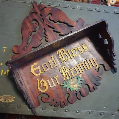 Antique Victorian "God Bless.." Arts & Crafts Gothic Carved Wood Wall Shelf - Image 1 of 4