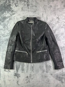 Wilsons Leather Moto Jacket Medium Black Cafe Racer Biker Rockabilly Woman’s - Picture 1 of 8