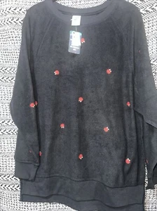 Victoria's Secret PINK Women Red Rose Floral Fleece Pullover Sweatshirt Black L - Picture 1 of 7