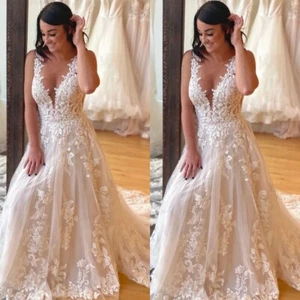 Floral Wedding Dresses V Neck Beach Boho Sweep Train Sleeveless Bridal Gowns - Picture 1 of 10