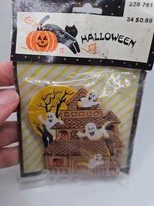 Vintage 80s Haunted House Halloween Wooden Fridge Magnet NOS 3" - Picture 1 of 4