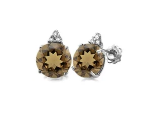 1.53 Ct Smokey Topaz & Diamond Stud Earrings 10K Solid White Gold Trillion Cut - Picture 1 of 5