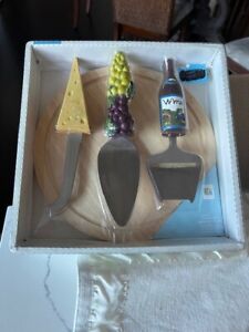 4 Piece Cheese Knife Set with Round Cutting Board Wine Themed Set Fun