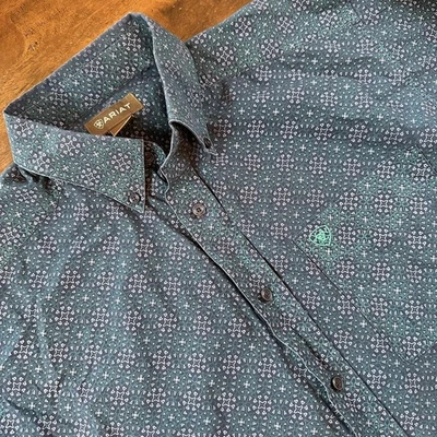Ariat Shirt Mens Large Blue Green Geometric Print Button Front Western - Image 1 of 4