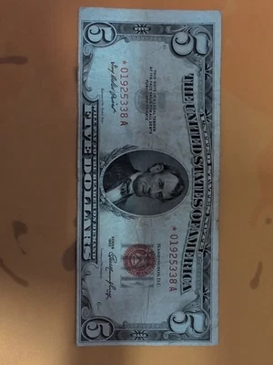 Off-centered Low Serial 1953 Circulated Red Seal $5 Bill - Image 1 of 2