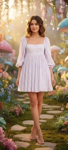 Selkie Puffärmel Minikleid Cottagecore geblümt rosa Batik Damen Größe M - Bild 1 von 10