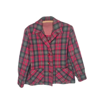 Vtg 50s Wool 49er Jacket Shadow Plaid Hand Detailed L White Stripe Red Button - Image 1 of 4