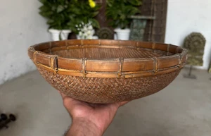 Old Handmade Collectable Bamboo Kitchenware Made In India Round Basket Bowl - Picture 1 of 13