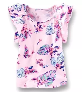 OshKosh B'Gosh Girls Knit Top Pink Ruffle Short Sleeved Floral Shirt Tee Size 6 - Picture 1 of 6