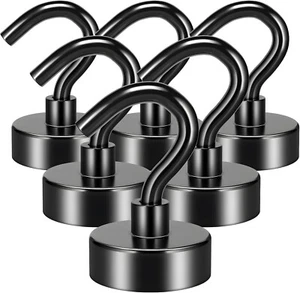 6 Pack Magnetic Hooks 25 Lbs Strong Neodymium for Hanging and Grill Fridge-Black - Picture 1 of 6