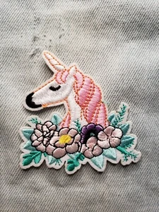 Pink and White Flower Unicorn Embroidered Iron On Patch Free Shipping - Picture 1 of 3